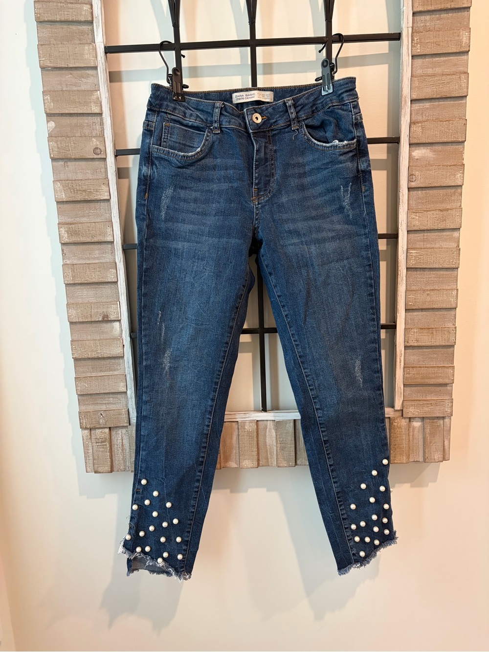 Zara Dark Blue Cropped Jeans with Pearl Hem